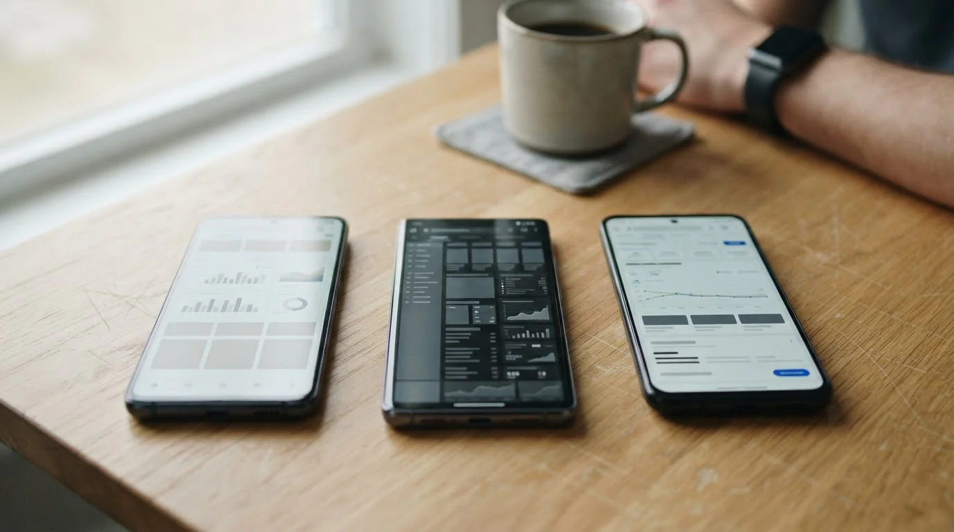 Mehrere Android-Smartphones nebeneinander mit verschiedenen App-Oberflächen im Vergleich