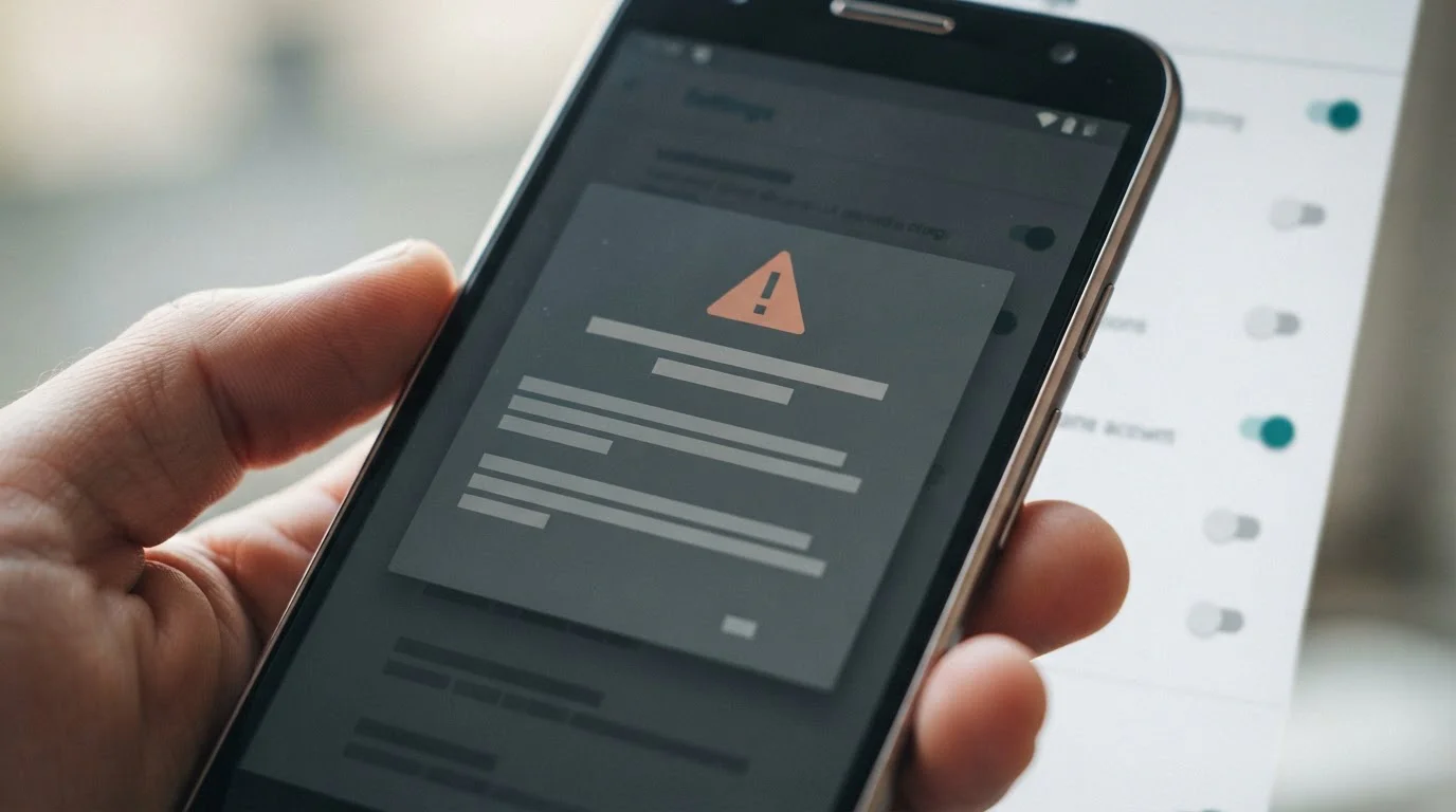 Smartphone-Bildschirm mit Sicherheitswarnung und geöffneten Einstellungen für unbekannte Quellen
