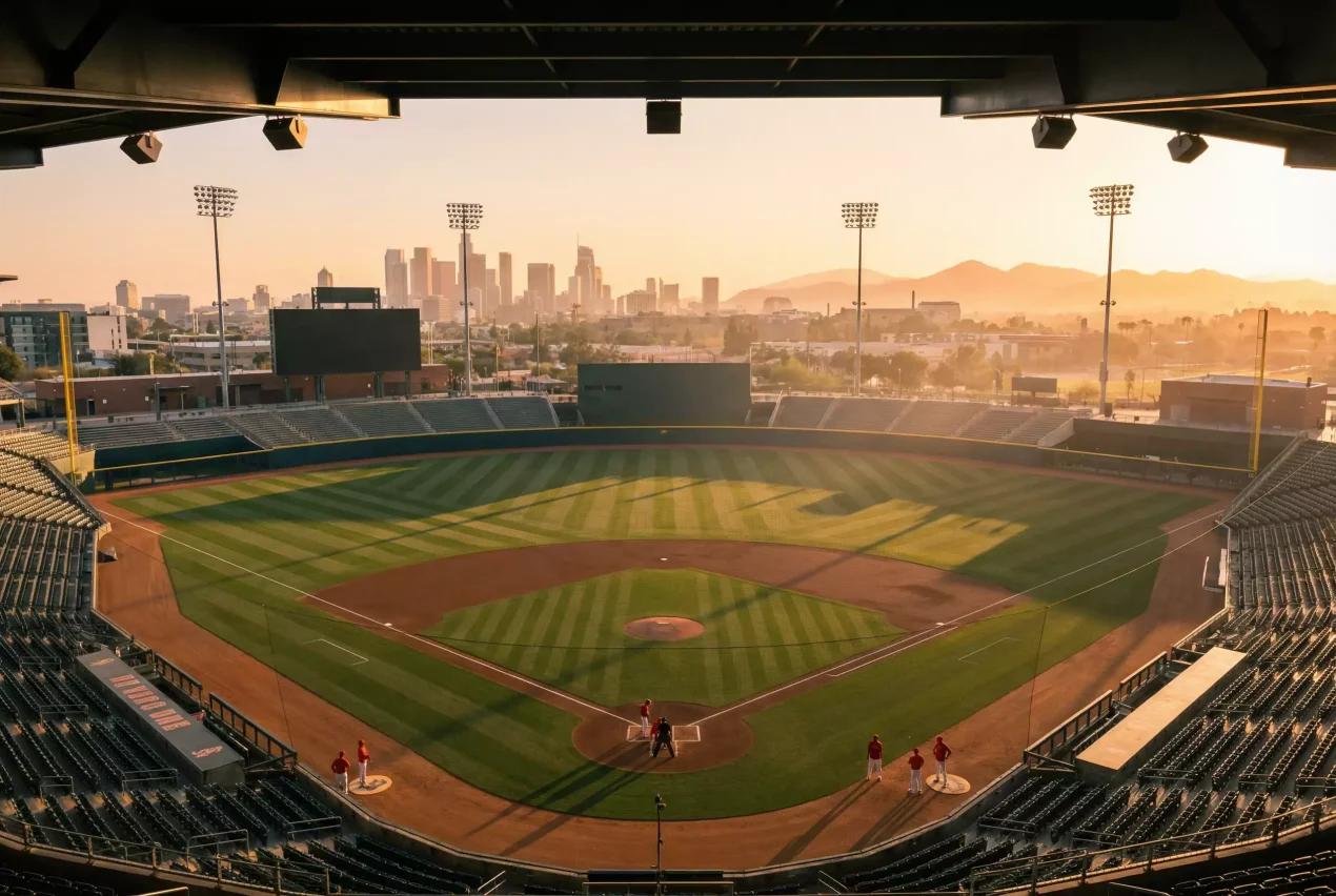 Ballpark Faktoren — Panoramablick auf ein MLB-Stadion mit offenem Outfield bei Sonnenuntergang