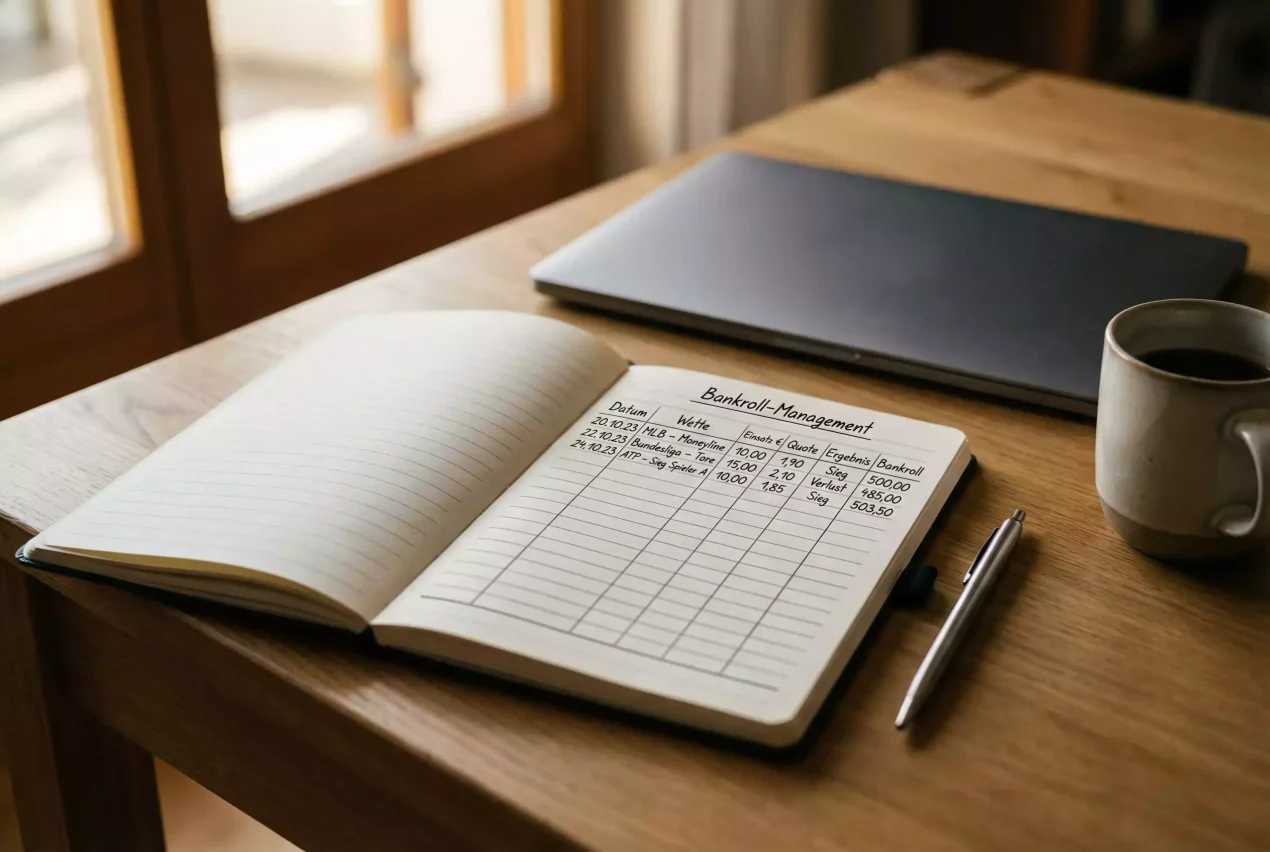 Bankroll Management — aufgeschlagenes Notizbuch mit Stift auf einem Schreibtisch neben einem Laptop