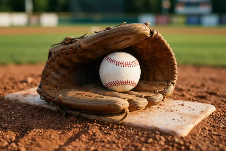 Baseball Kombiwetten — Nahaufnahme eines Baseballs im Fanghandschuh auf der Pitcher-Platte