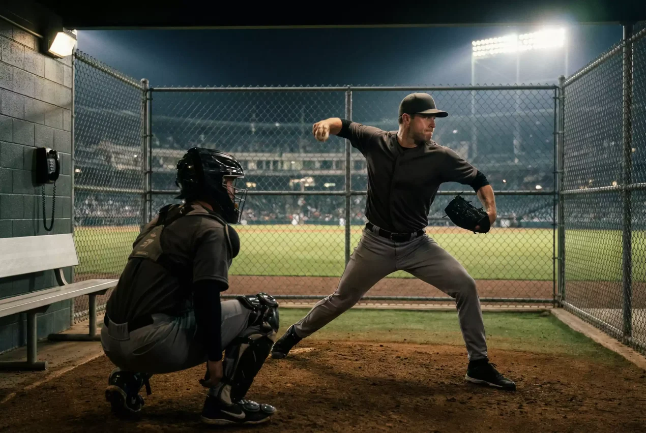Baseball Livewetten — Reliever beim Aufwärmen im Bullpen eines MLB-Stadions