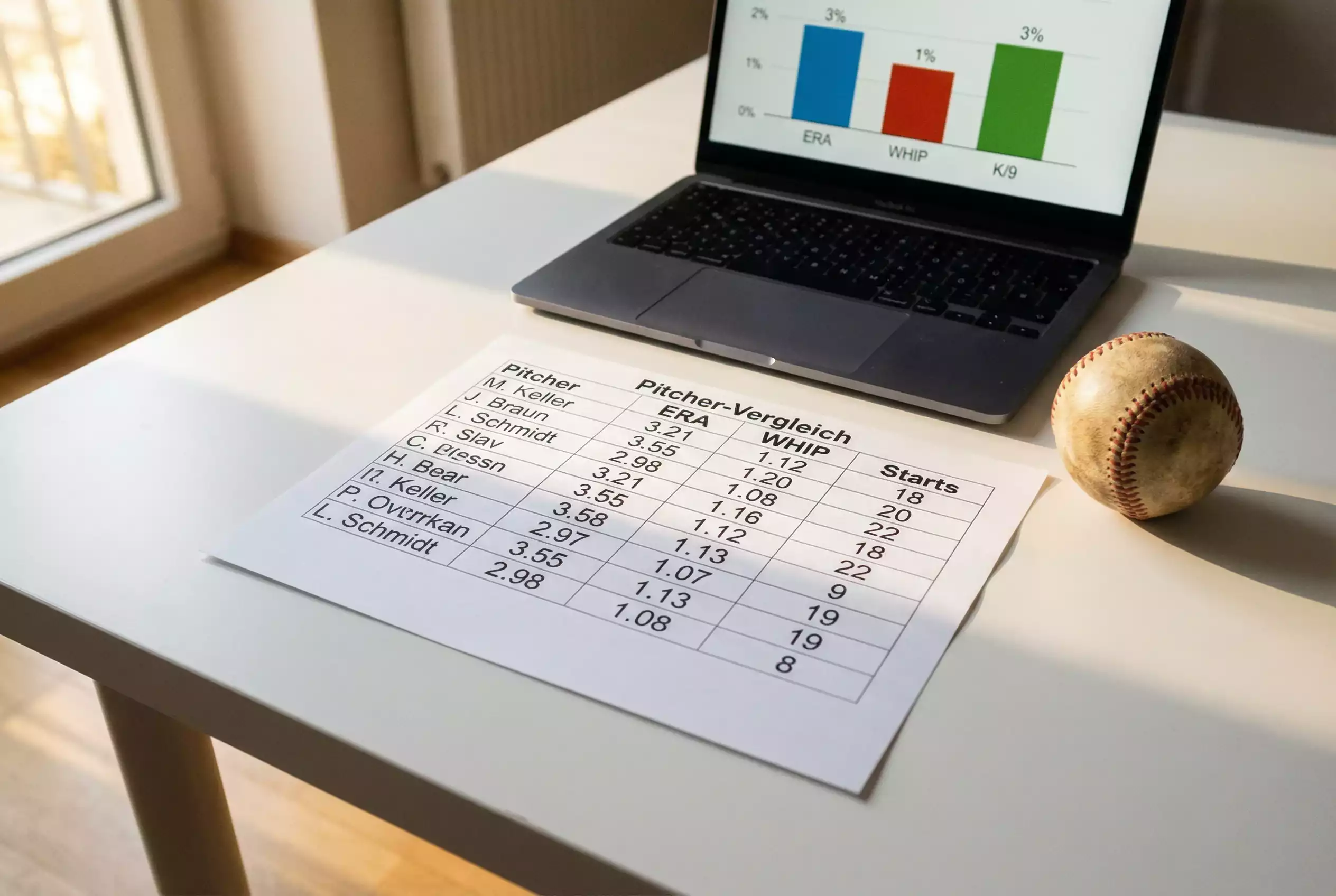 Pitcher-Statistiken für Baseball Wetten: ERA, WHIP und K/9 Analyse auf einem Dokument