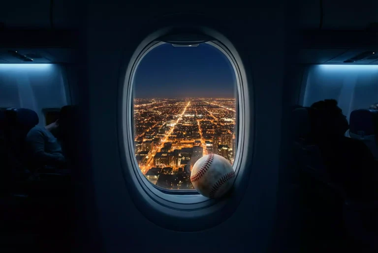 Reisemüdigkeit im Baseball – Nachtflug über die USA mit Baseballstadion im Hintergrund