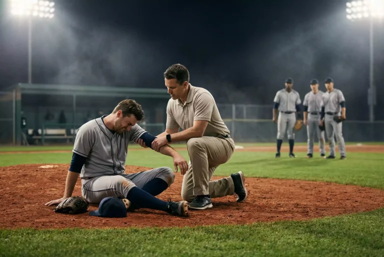 MLB Verletzungen und Aufstellungsänderungen – Trainer betreut Baseballspieler auf dem Feld