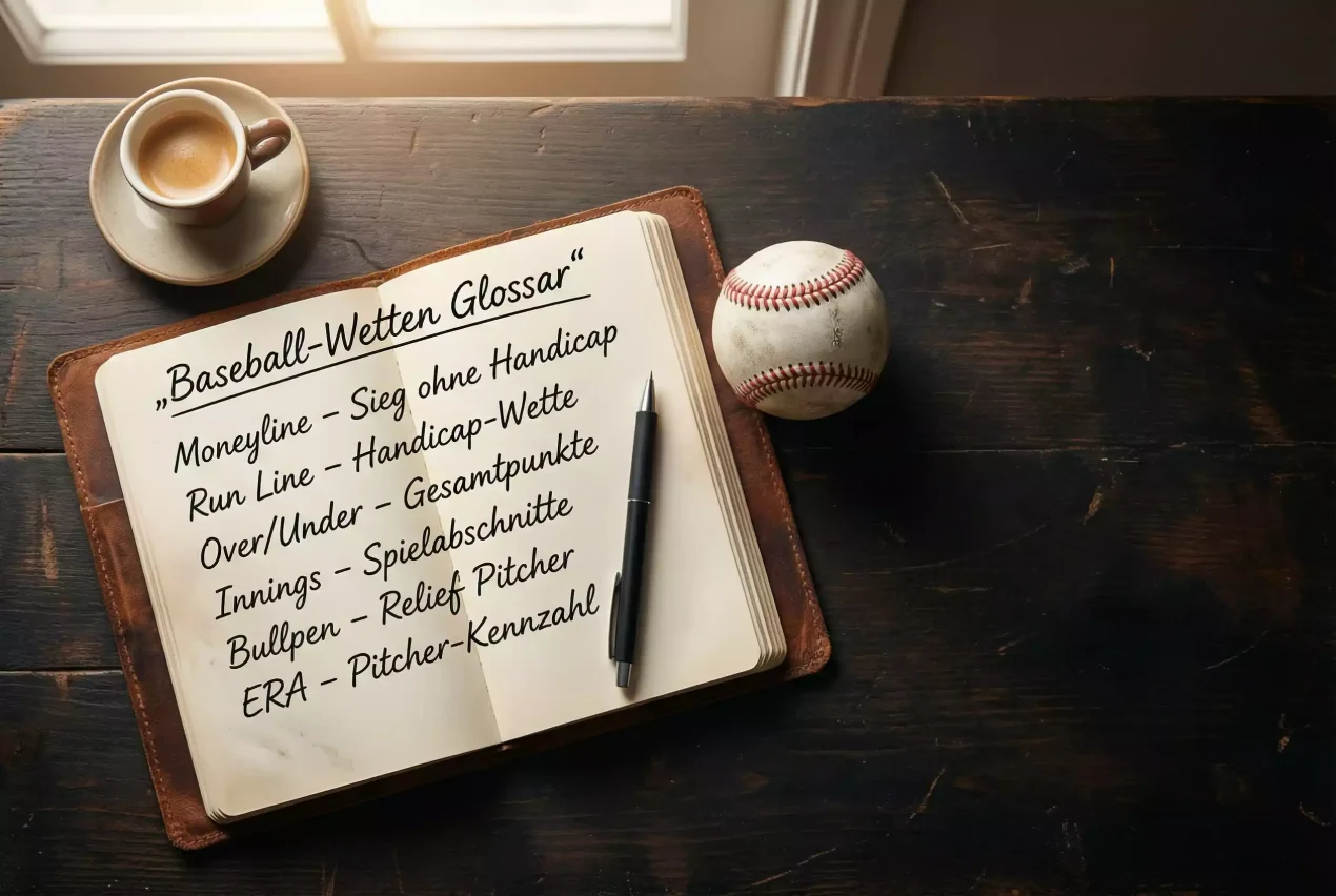 Baseball Wetten Glossar – aufgeschlagenes Notizbuch mit Baseball-Begriffen