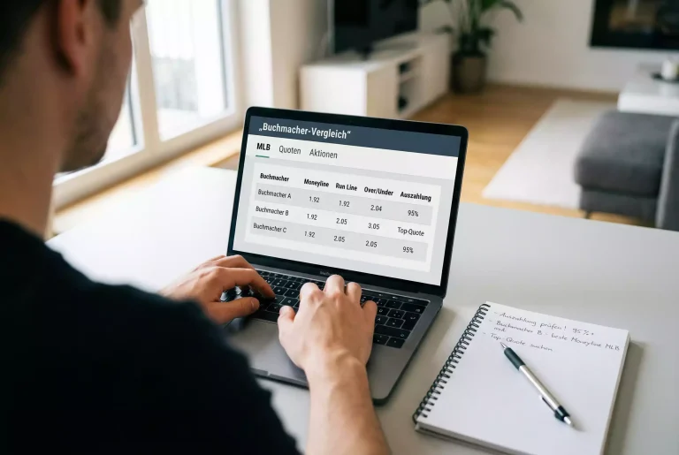 Beste Buchmacher Baseball — Person vergleicht Wettquoten auf einem Laptop am Schreibtisch