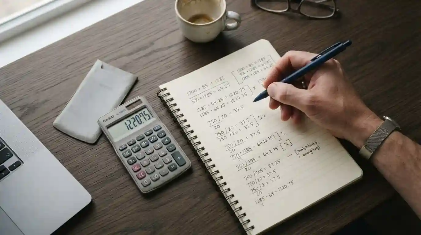 Taschenrechner und handschriftliche Berechnungen zu Bonusbedingungen auf einem Notizblock
