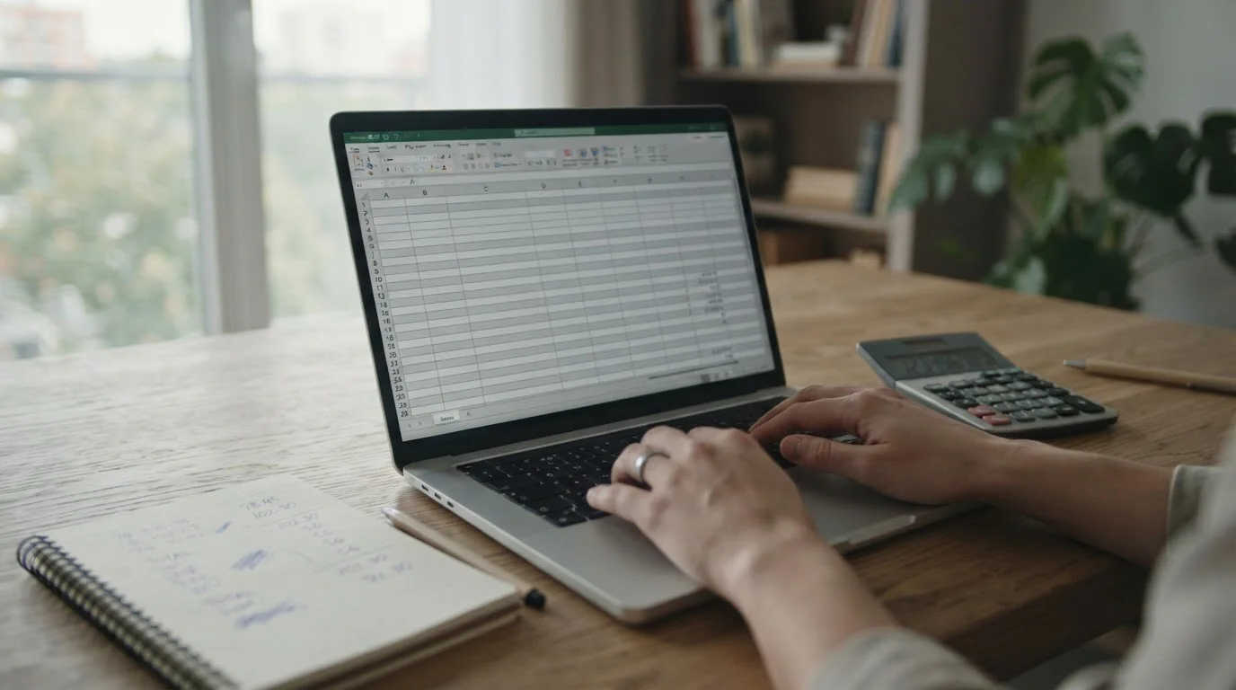 Laptop mit Tabellenansicht und Taschenrechner verdeutlichen nüchterne Bonuskalkulation