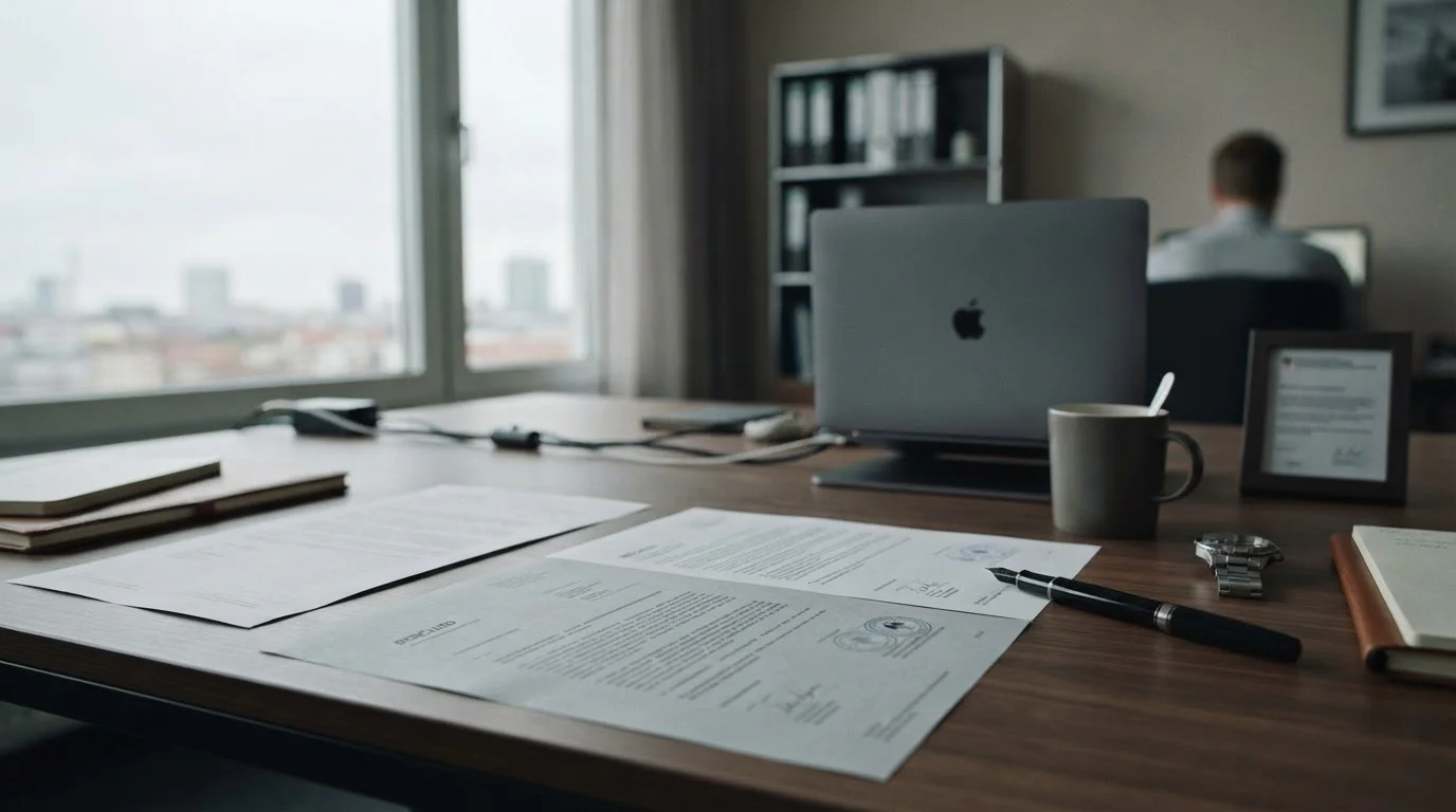 Offizielle Dokumente und Laptop symbolisieren den rechtlichen Rahmen für lizenzierte Wettanbieter