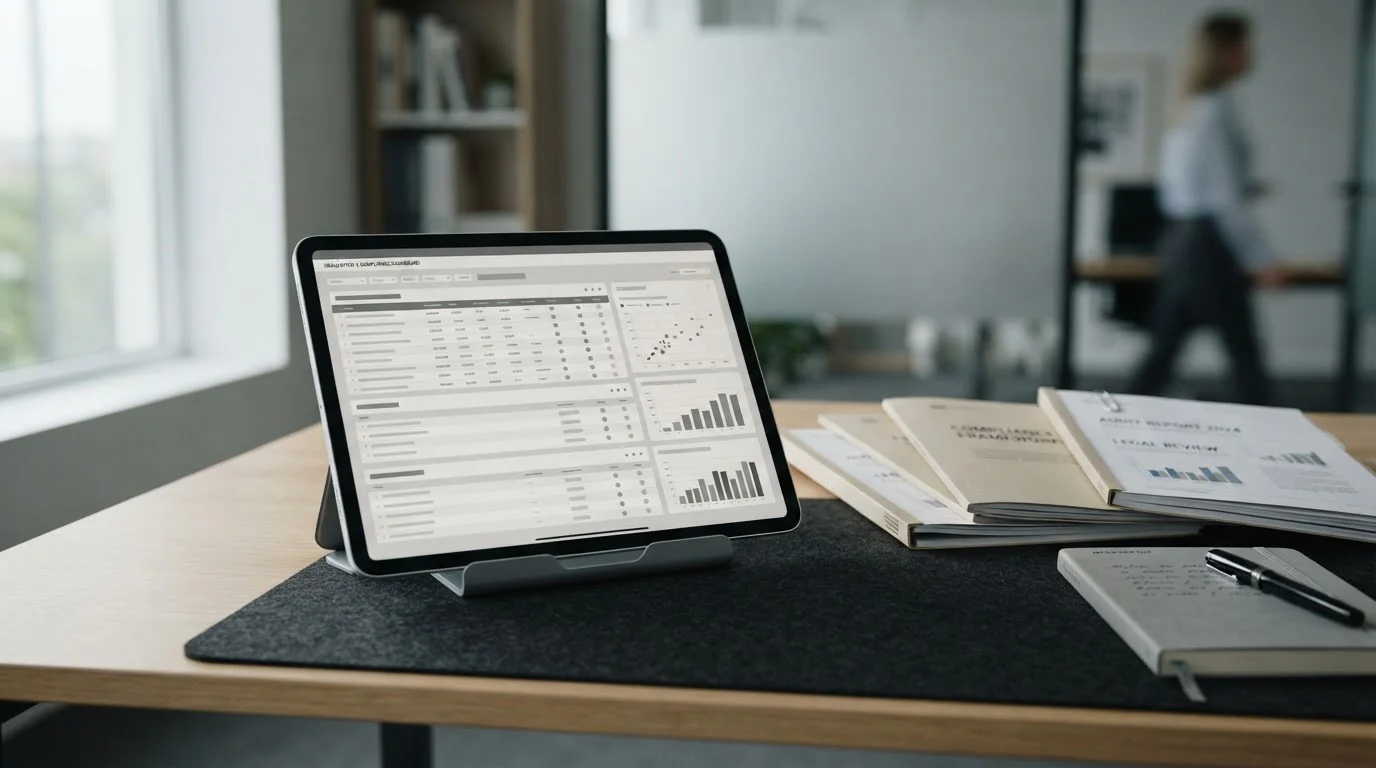 Regulierungsdokumente und Tablet mit abstrakten Lizenzinformationen in sachlichem Setting