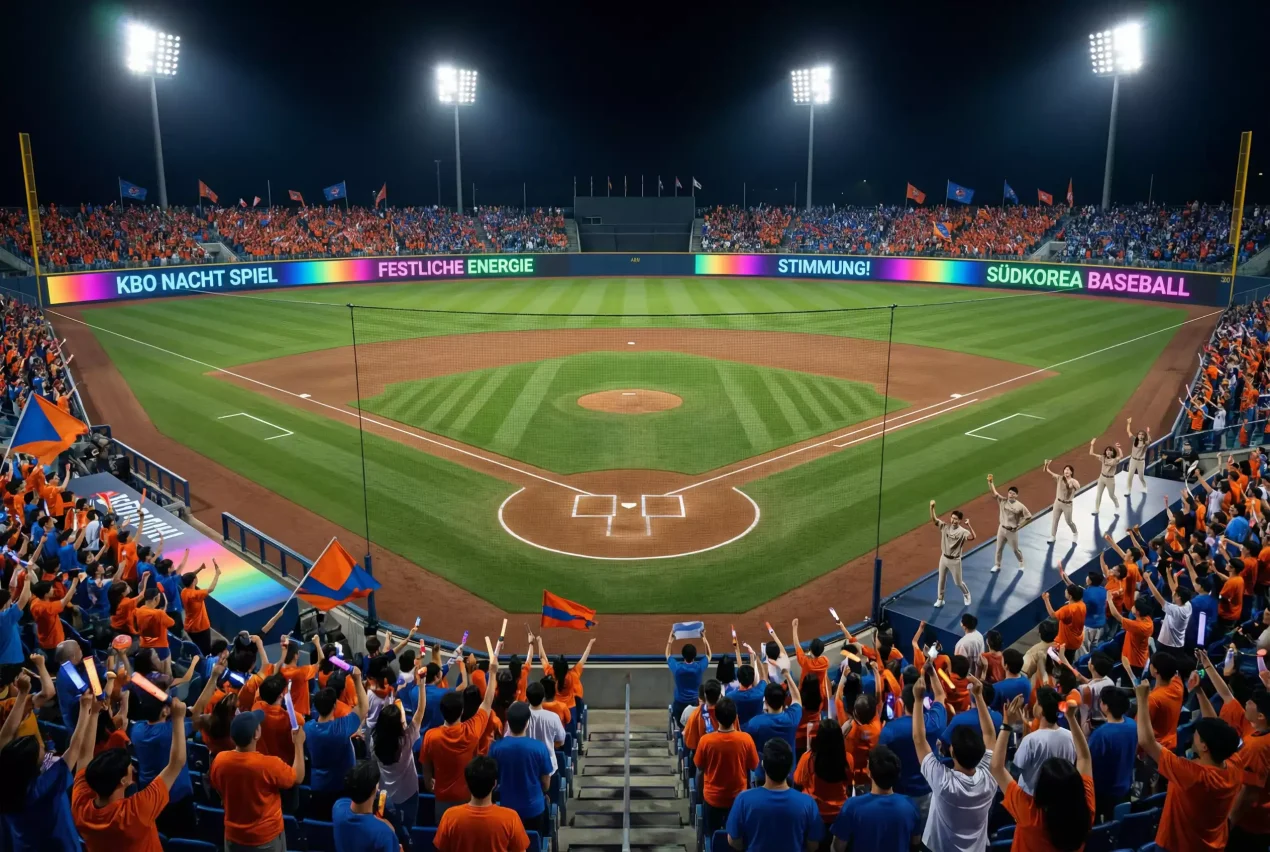 KBO League — südkoreanisches Baseball-Stadion mit Fans und Cheerleadern bei Flutlicht