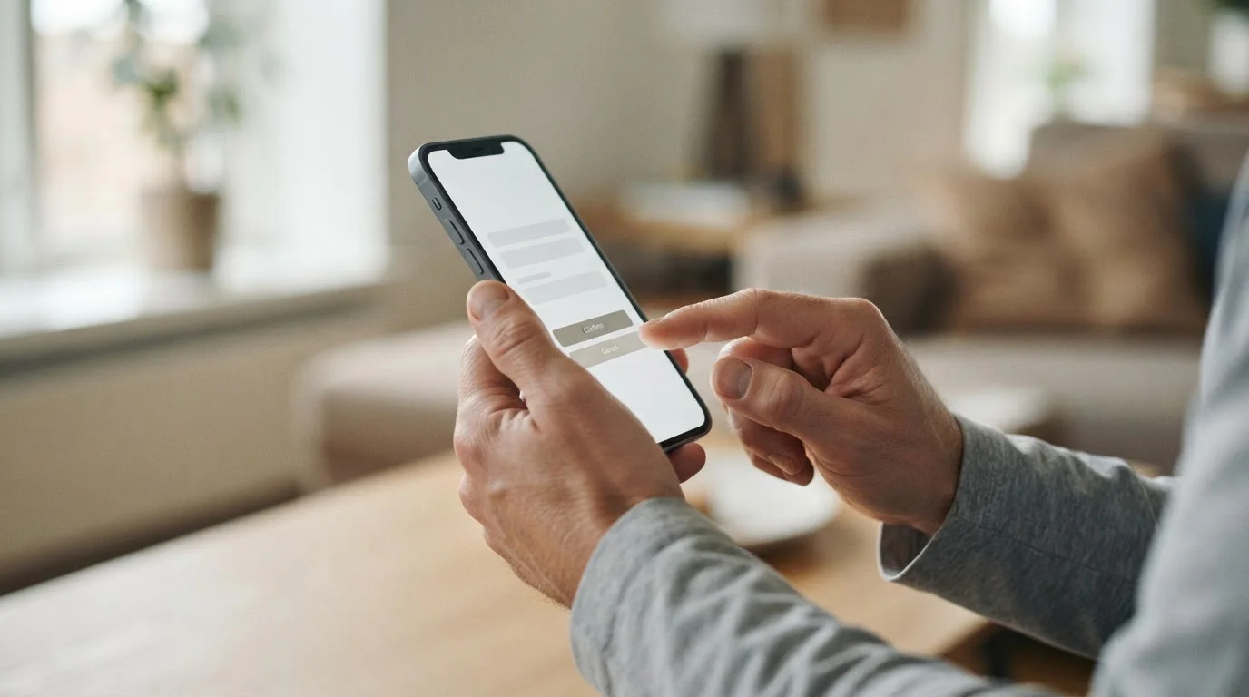 Hände halten Smartphone während einer Zahlungstransaktion mit abstraktem Interface