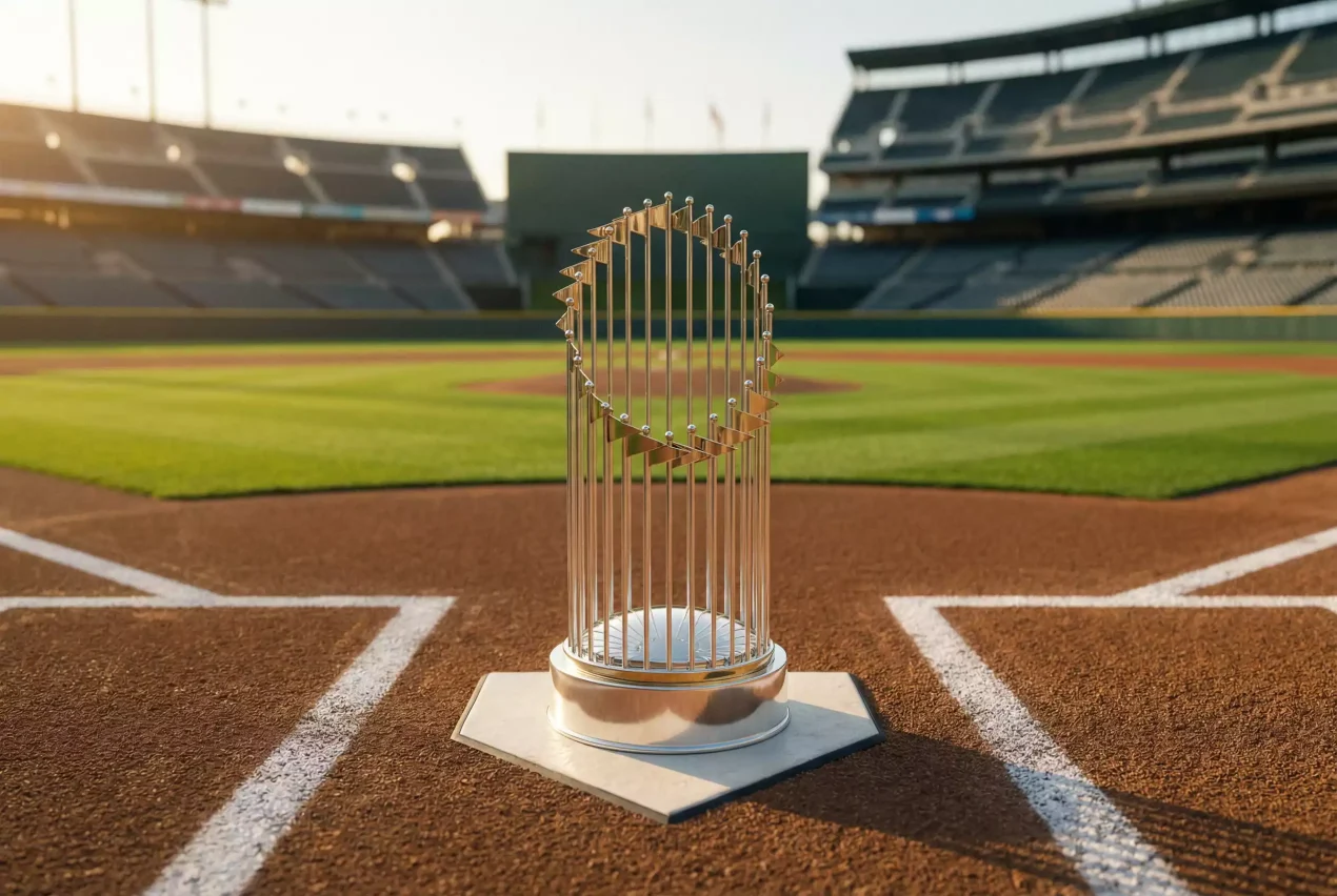 MLB Langzeitwetten — World Series Pokal auf dem Rasen eines Baseball-Stadions