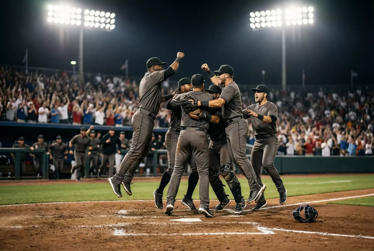 MLB Playoffs — Spieler feiern auf dem Feld nach einem Playoff-Sieg unter Flutlicht