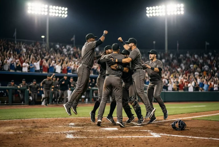 MLB Playoffs — Spieler feiern auf dem Feld nach einem Playoff-Sieg unter Flutlicht