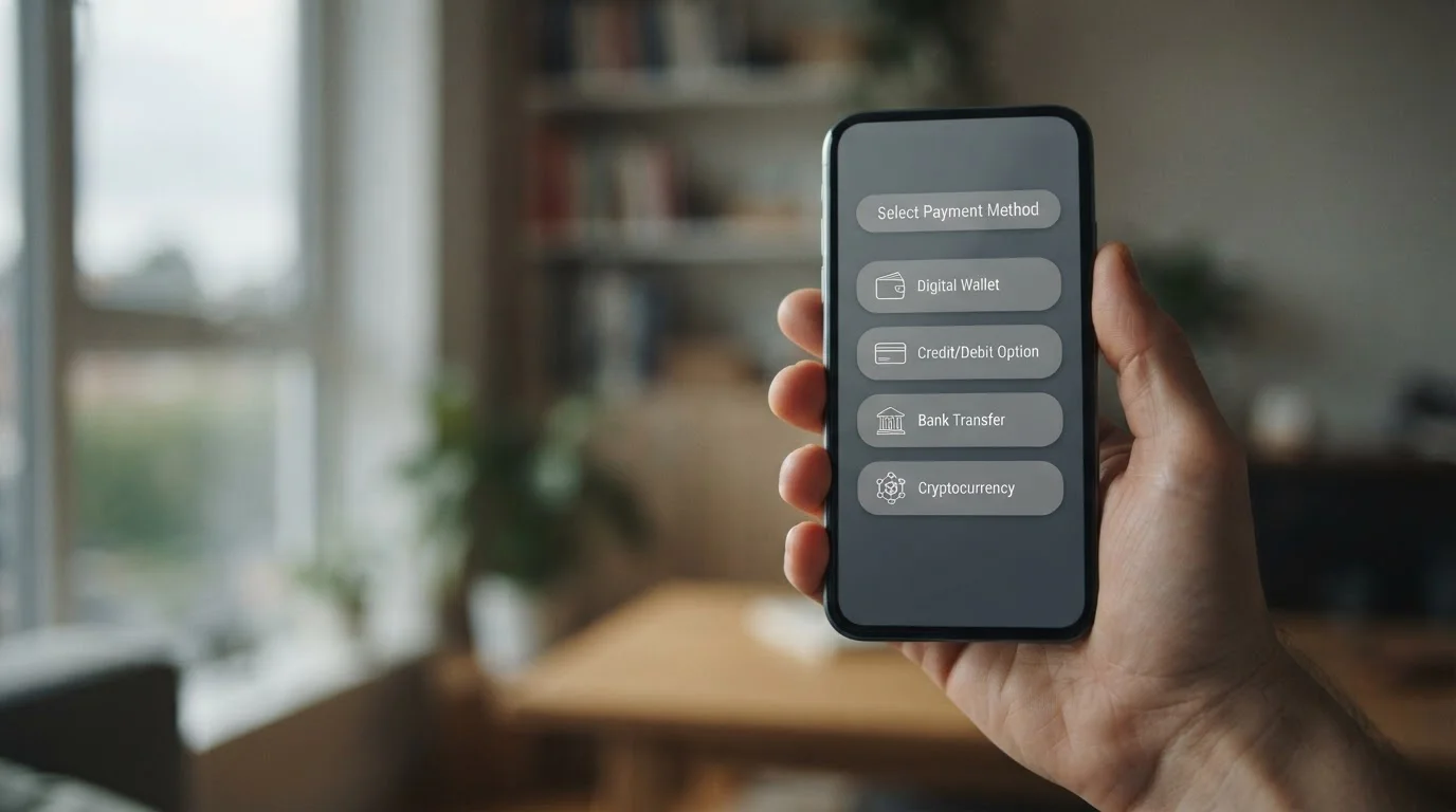 Hand hält Smartphone mit Zahlungsoptionen in einer Wett-App