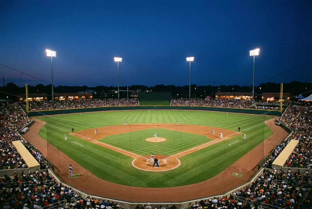 Over/Under Wetten Baseball — Blick auf das Spielfeld eines MLB-Stadions bei Flutlicht