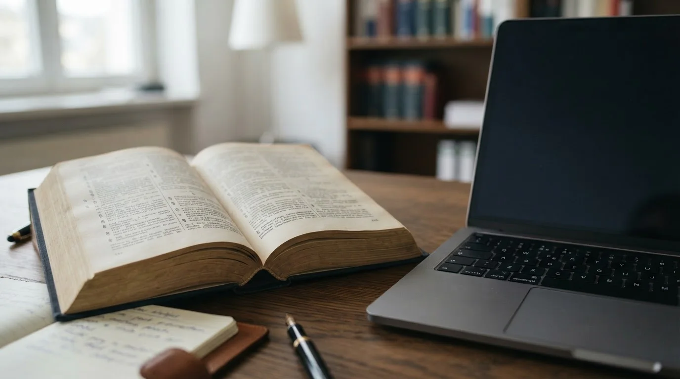 Aufgeschlagenes Gesetzbuch mit Paragrafen neben Laptop in ruhiger Arbeitsumgebung