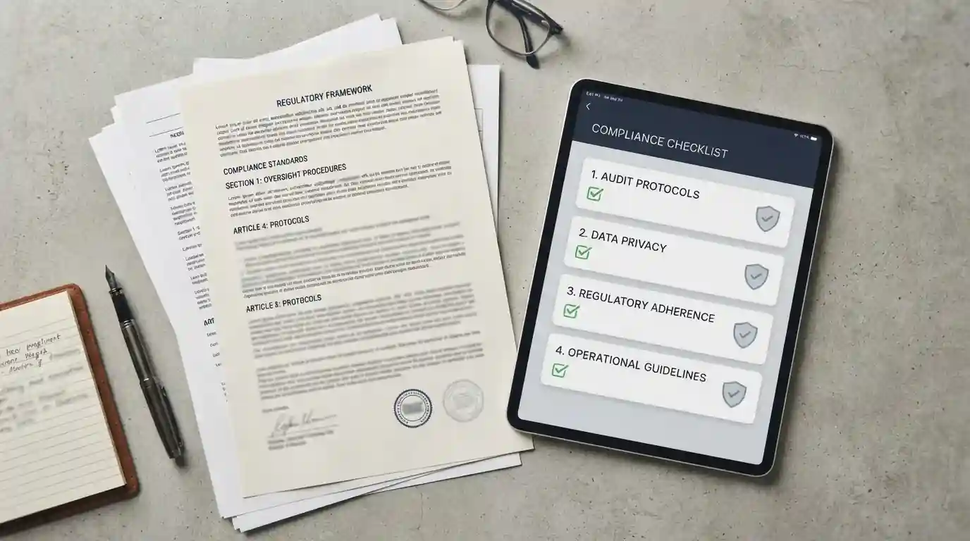 Dokumente und Tablet mit abstrakten rechtlichen Informationen zur Wettregulierung