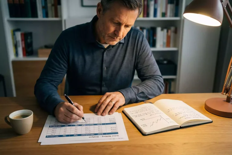 Value Betting Baseball — Sportanalyst studiert Statistiken an einem Schreibtisch mit Notizen