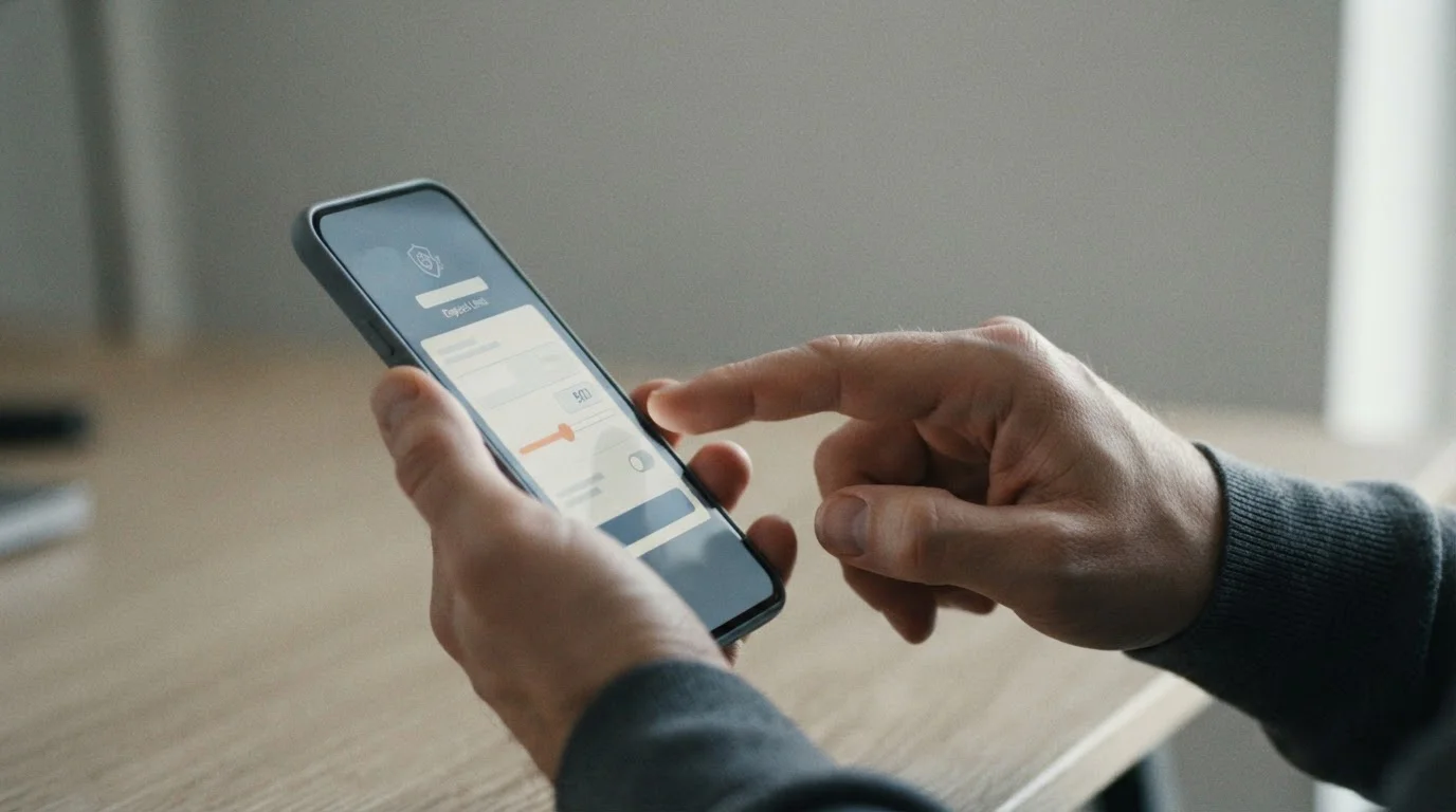 Hände stellen Einsatzlimit auf Smartphone ein — Symbol für verantwortungsvolles Wetten