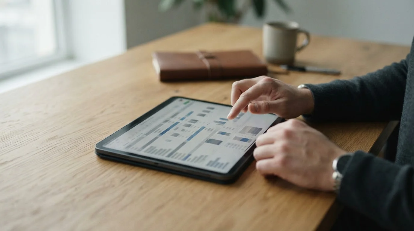 Vergleichstabelle auf Tablet mit abstrakten Datenzeilen zu Gebührenstrukturen