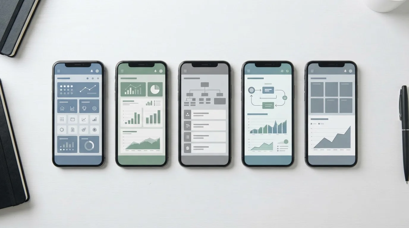 Mehrere Smartphones nebeneinander mit neutralen App-Oberflächen zum Vergleich
