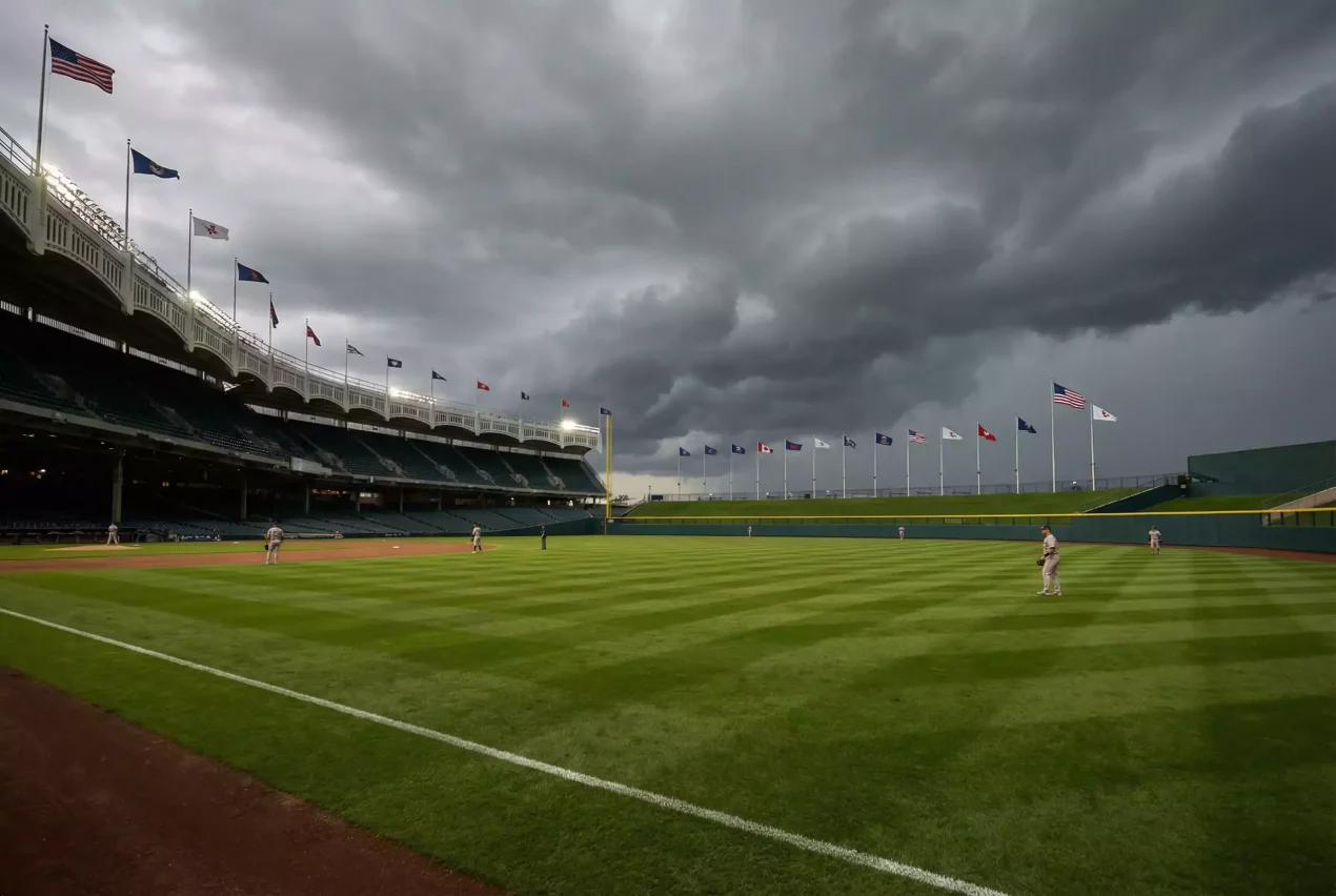 Wetter und Baseball — Windfahnen am Dach eines MLB-Stadions bei bewölktem Himmel