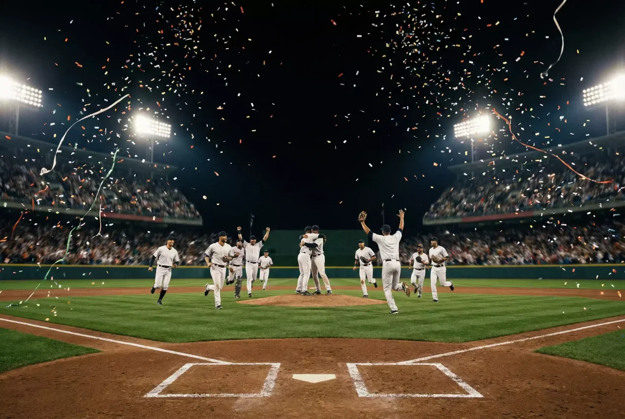 World Series — Baseball-Diamant bei Nacht mit Konfetti in der Luft nach dem letzten Out