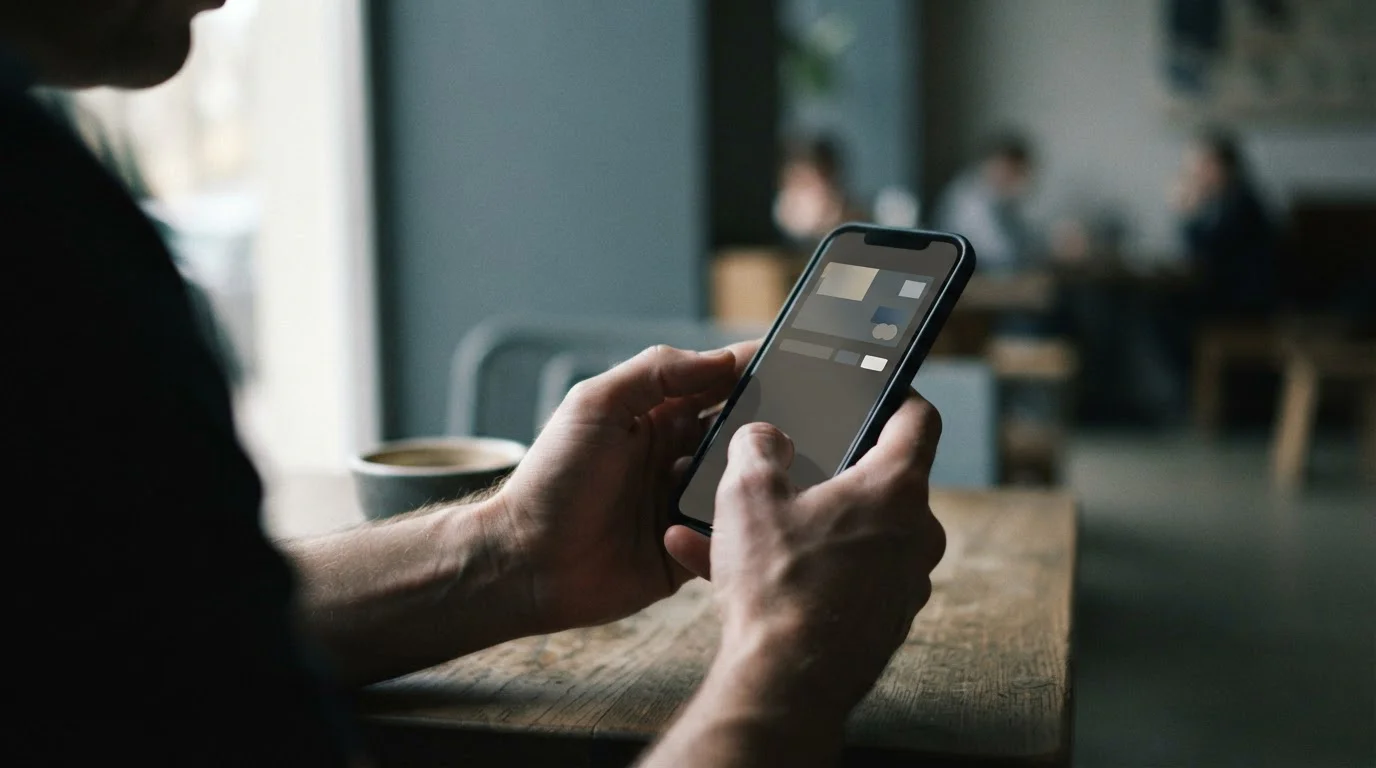 Person bedient Smartphone mit abstrakten Zahlungsoptionen auf dem Bildschirm