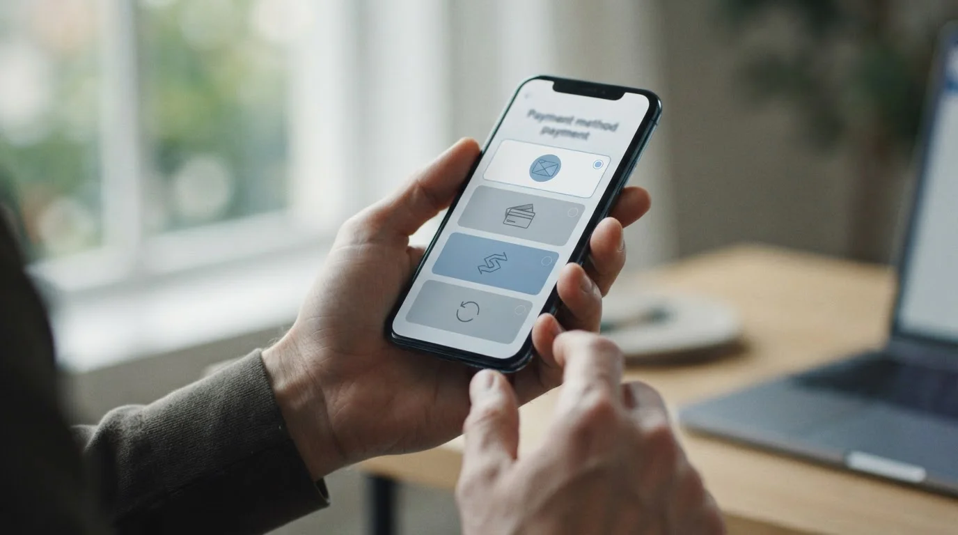Smartphone mit abstrakter Zahlungsmethoden-Auswahl auf dem Bildschirm